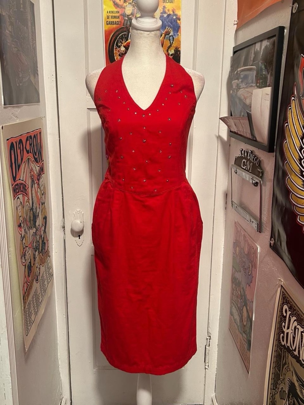 Red Vintage 90s Halter Dress with Silver Star Shaped Studs